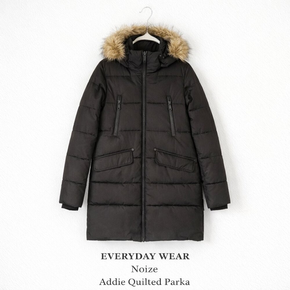 Noize Addie Quilted Parka Faux Fur Hood Vegan Winter Coat Black S/P